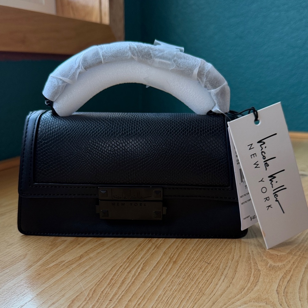 NWT Nicole Miller Womens Black Small Faux Leather Crossbody Handbag